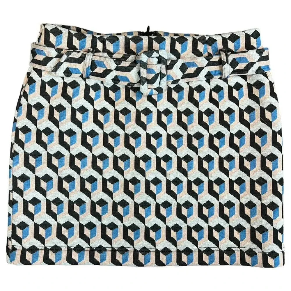 Fate Belted Mini Skirt Geometric Pattern Blue Black Pink Size Large Quilted